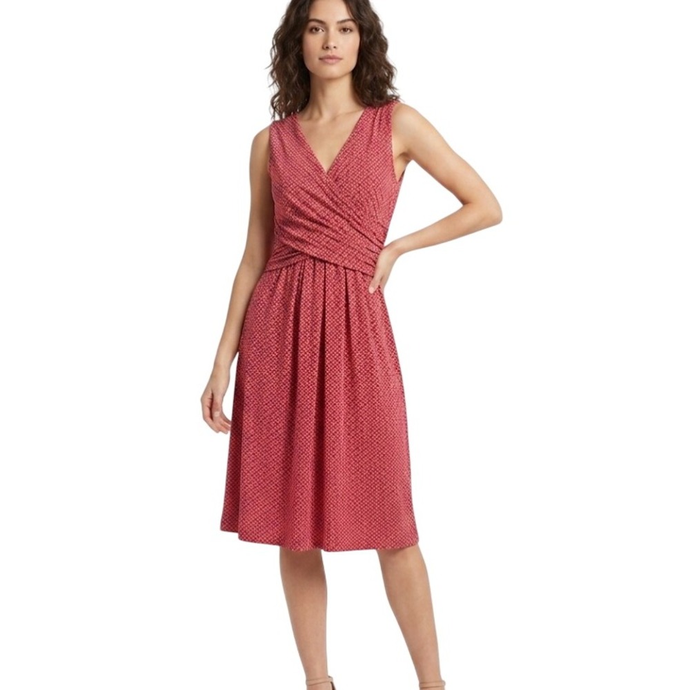 Lands' End Faux Wrap Dress Womens M 10-12 Red Orange Geometric Starburst Knit